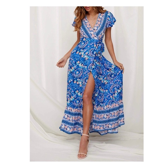 BLUE BOHEMIAN FLORAL V NECK MAXI WRAP DRESS - Picture 2 of 5